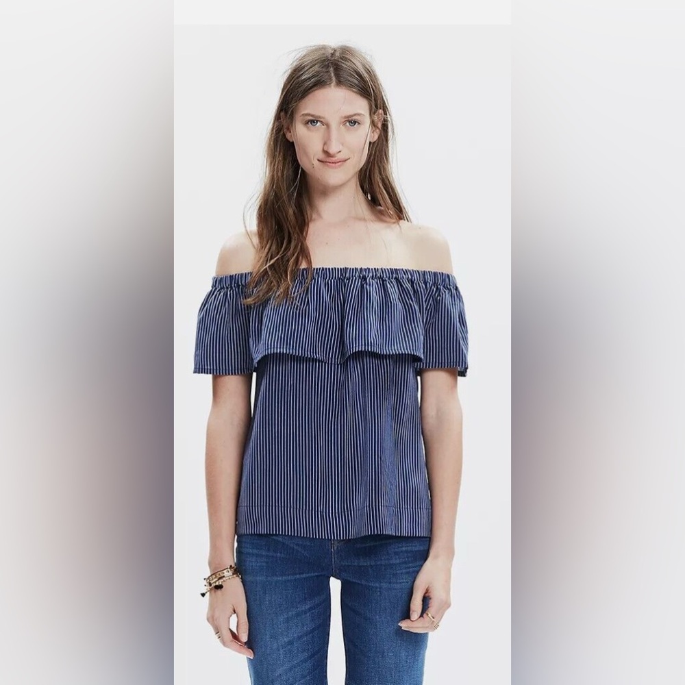 Madewell Silk Balcony Off-the-Shoulder Top in Stripe Navy Blue & White- XS
